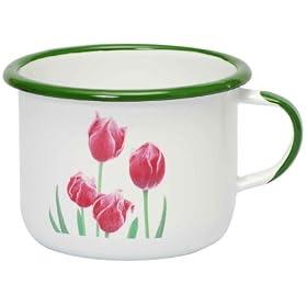 Enamel Mug,Hand Decorated,Non Toxic, Camping, Travel White/Tulips, 10cm,0.5L