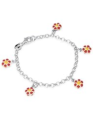 Unicornj Sterling Silver Childrens Bracelet with Red and Yellow Flower Charms
