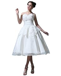  Organza Lace Tea Length Dropped   Waistline Sweetheart  Ball Gown  Dress