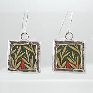 Reversible Square Bronze and Gold Dangle Earrings with Bamboo Leaves in Sterling Silver, #9138