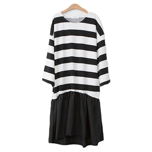 (イイネショップ) eeNeshop 2トーン フリル ボーダーワンピース レディース ファッション カジュアル フリー ポリエステル トップス ワンピース ドレス ロング ショート チュニック オールインワン オシャレ ゆったり 春 秋