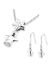14K Italian White Gold Guardian Angel Star Diamond Cut Necklace (16") and Earrings Jewelry Set in Gift Box