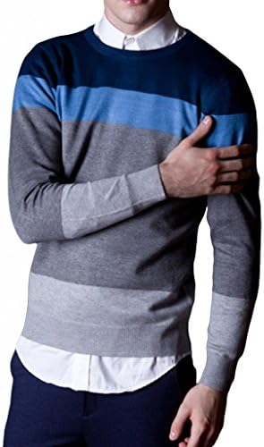 BFHY Men's Wide Striped Crew Neck Slim Fit Casual Basic Sweater Blue M