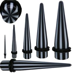 UV Expanders White & Black Color Stripes Candy Taper with O Ring, 4g - Sold as a Pair