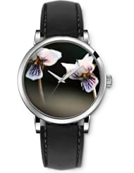 SPRAWL Aanalog Fashion Series Silver Ladies Watches of Genuine Black Leather Strap,Unique Wrist Watch for Women Girls Designed with white Flowers