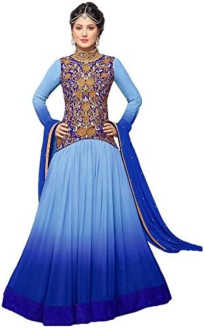 Ninecolours Women Net and Velvet Semi Stitched Salwar Kameez in Blue Colour