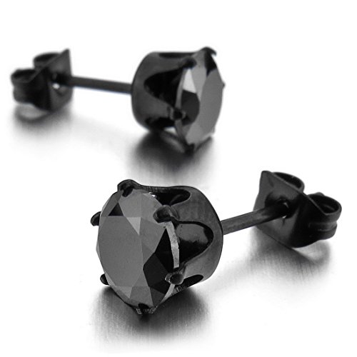 Men's Stainless Steel Stud Earrings CZ Black Royal King Crown Round Vintage