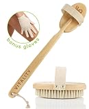Best Dry Body Brush Natural Bristle for Skin Brushing + FREE Exfoliating Gloves & eBook, Exfoliate Skin, Reduce Cellulite & Boost Lymphatic System, Back Massager Scrubber with Long Detachable Handle
