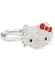 Hello Kitty by Simmons Jewelry Co. 1/5 Cttw Pave Diamond Face and Red Enamel Bow Girls Ring, Size 7