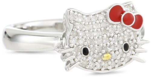 Cheap Girls Jewelry Hello Kitty by Simmons Jewelry Co. 1/5 Cttw Pave Diamond Face and Red Enamel Bow Girls Ring, Size 7 For Sale
