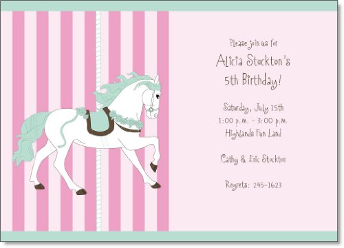 Carousel Horse Pink And Green Birthday Invitations