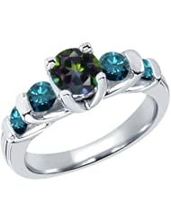 1.88 Ct Round Green Mystic Topaz Blue Diamond 18K White Gold Ring