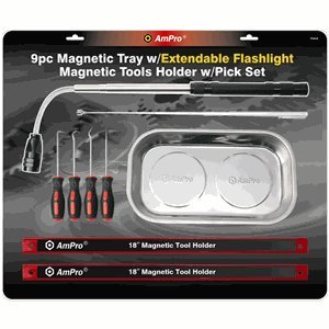 Ampro 73410 Magnetic Tray with Extendable Flashlight, Magnetic Tools and Pick Set, 9-Piece by AmPro