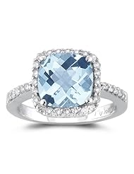 0.33 Cts Diamond & 2.75 Cts of 8 mm AA Cushion Checker Board Aquamarine Ring in 14K White Gold