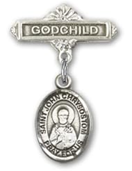 Sterling Silver Baby Badge with St. John Chrysostom Charm and Godchild Badge Pin