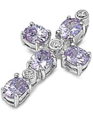 Sterling Silver Lavender Clear CZ Cross Pendant Best Seller Charm 925 New 17mm with 1.8mm Curb Chain