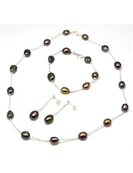 Toc Freshwater Black-Multi Pearl Necklace Bracelet and Earring Set