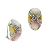 Art Deco Sterling Silver .925 Genuine Pink, Yellow White Mother of Pearl MOP Stone Simulated Diamond cz X Inlay Ribbon Design Omega Back Earrings
