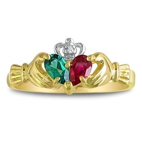 Emerald and Ruby Claddaugh Ring in 10k Yellow Gold: Jewelry