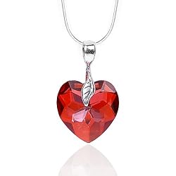 'Olive N Figs' Genuine Swarovski Crystal Heart Pendant Necklace with 18inch Sterling Silver Shiny Snake Chain - Royal Red
