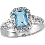 08.00 X 06.00 Mm  1 6 CT TW 14K White Gold Genuine Aqua And Diamond Ring