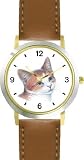 Red and White Cat - JP - WATCHBUDDY® DELUXE TWO-TONE THEME WATCH - Arabic Numbers - Brown Leather Strap-Size-Large ( Men's Size or Jumbo Women's Size )