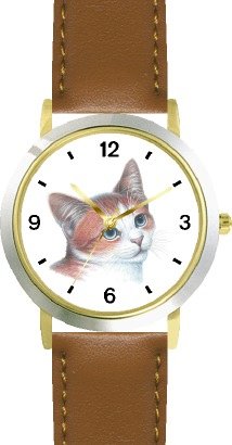 Red and White Cat - JP - WATCHBUDDY® DELUXE TWO-TONE THEME WATCH - Arabic Numbers - Brown Leather Strap-Size-Large ( Men