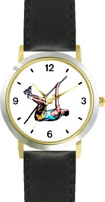 Man Pole Vaulting - Pole VaulterTrack & Field - WATCHBUDDY® DELUXE TWO-TONE THEME WATCH - Arabic Numbers - Black Leather Strap-Size-Large ( Men