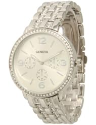 Womens Geneva Rhinestone-accented Chronograph Style Metal Watch - Silver