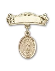 14K Gold Baby Badge with Our Lady of Guadalupe Charm and Arched Polished Badge Pin