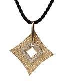 14K Yellow Gold Hammered-Finish Sliding Diamond-Shaped Pendant, Enhanced with Pave Set Diamonds, Set on a Black Silk Cord Necklace with an 18K Yellow Gold Clasp.