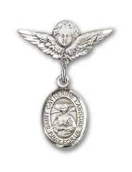 Sterling Silver Baby Badge with St. Catherine Laboure Charm and Angel with Wings Badge Pin