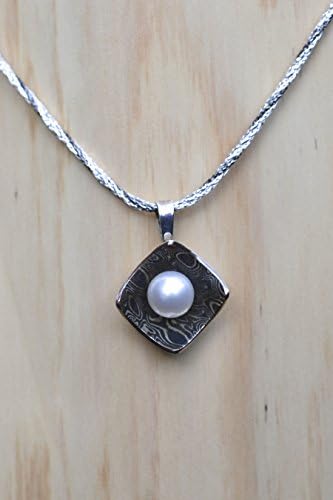 Sterling Silver Mokume Gane Pendant with 6mm White Freshwater Pearl