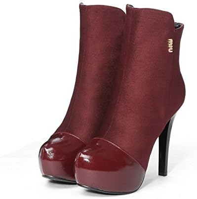 Maymeenth Womens Round Closed Toe High Heels Patent Leather Velvet?Lining Solid Boots with Metalornament, Claret, 40