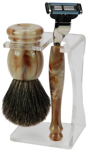 Fantasia - 81000 - Set de rasage - Blaireau véritable - Lames Mach 3 - Plastique - Crème-marbré - Hauteur: 14.5 cm