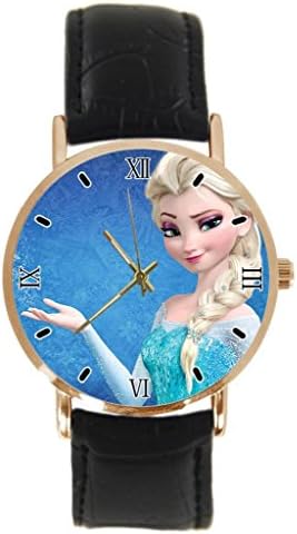 Frozen Movie Elsa Custom Metal Sport Wrist Watch with Black Leather Band Unisex Design