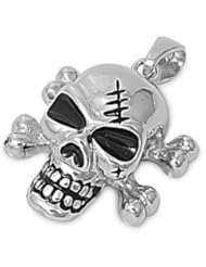 Sterling Silver Skull Cross Bone Pendant Fashion Unique Charm Pure 925 New 19mm with 2mm Figaro Chain