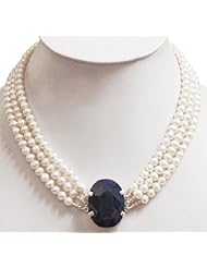 Exclusive Natural Beautiful 3 Strands Fresh Water Pearl Beaded Necklace with 925 Sterling Silver Oval Sapphire Clasp