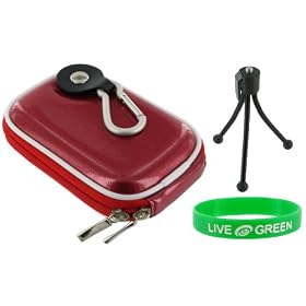 Hard Carrying Case (Candy Red) and Tripod for JVC PICSIO GC-FM1VUS HD Camcorder Brilliant Blue