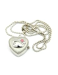 Kitty Silver Heart Locket Watch Necklace Cat Face Pink Rhinestones Quartz Watch on Chain Valentines Day Gift