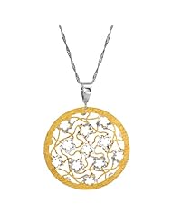 Sterling Silver Italian Yellow and White Gold Plated Multi Inner Flowers Circle Pendant Necklace, 18"