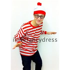FUNNY FANCY DRESS MENS LADIES RED AND WHITE LONG SLEEVE STRIPED T-SHIRT, HAT AND GLASSES IN MEDIUM