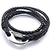 KONOV Black Leather Men's Bracelet Stainless Steel Clasp, Black Silver - 8