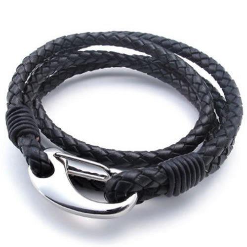 KONOV Black Leather Men's Bracelet Stainless Steel Clasp, Black Silver - 8
