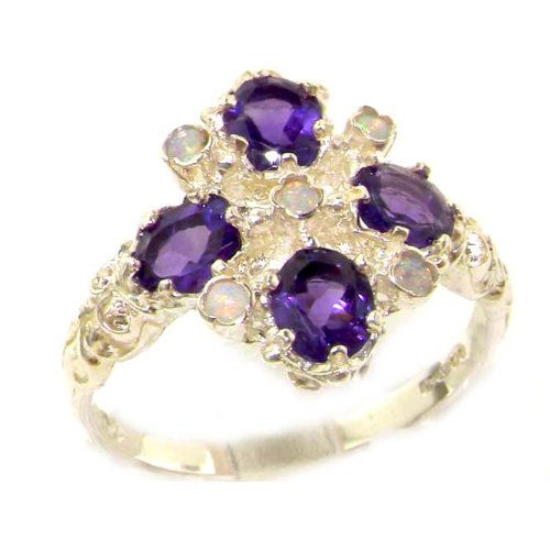 Luxury Ladies Victorian Style Solid Hallmarked Sterling Silver Natural Amethyst & Fiery Opal Ring - Finger Sizes 5 to 12 Available