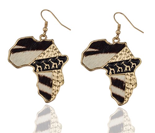 2 Pairs of Goldtone Africa with Animal Print Fur and Giraffes Drop Earrings