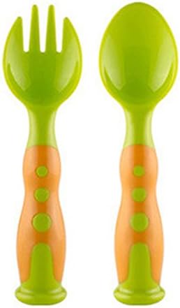Tgp Baby's Silicone Spoon &amp; Fork Trainer Feeding Utensils Training Grip Handle Green