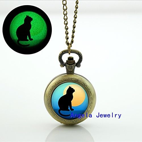 Pretty Lee Fashion Glow in The Dark Pendant Cat in Moonlight Locket Necklace Cat in Moonlight Pocket Watch Necklace