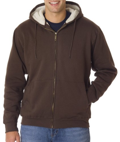 UltraClub Men's Sherpa-Lined Full-Zip Fleece with Hood 8450-Chocolate-L On Sale