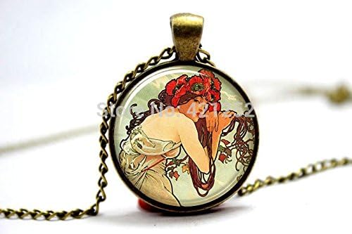 Pretty Lee 2015 Fashion Alphonse Mucha Art Pendant Art Nouveau Charm With Necklace Bronze Glass Photo Cabochon Necklace Christmas gift